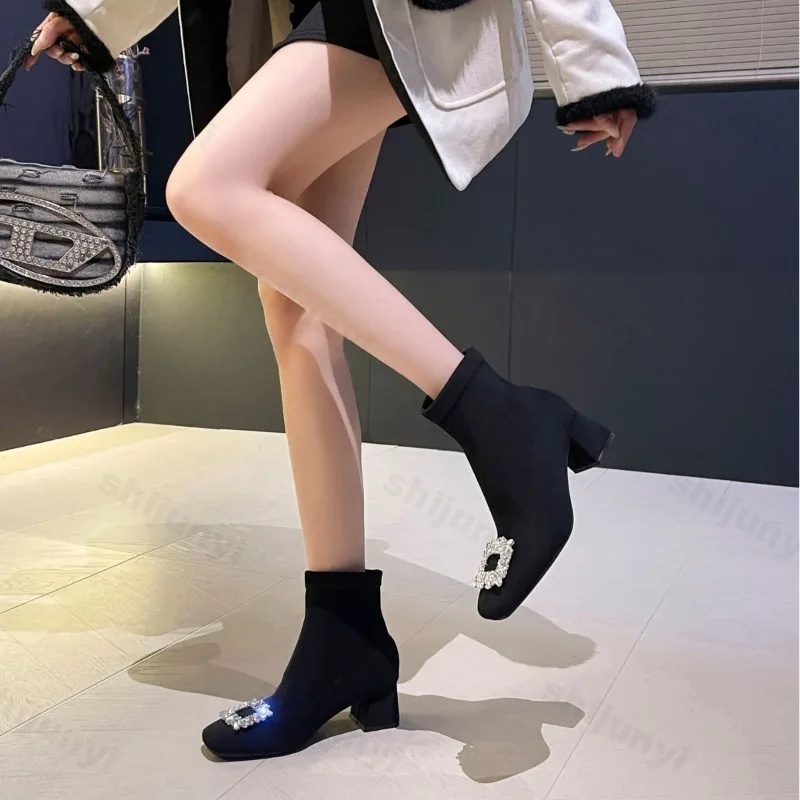 Women Crystal Luxury Ankle Boots Suede Chunky Square Toe Shoes 2025 Trend Winter New Elegant Party Pumps Female Botas Mujer