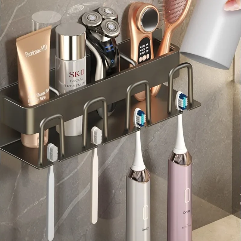 Aluminum Punch Free Wall Mounted Electric Toothbrush Holder Toothpaste Cup  Hook Bathroom Accessories Organizer Hot Sale