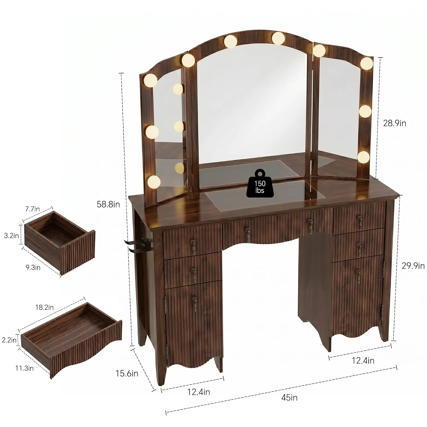 Tri-Fold Vanity Desk with Mirror & Lights, Glass Top, Power Outlet, Hair Dryer Rack, 5 Drawers 2 Cabinets, Walnut, Customized