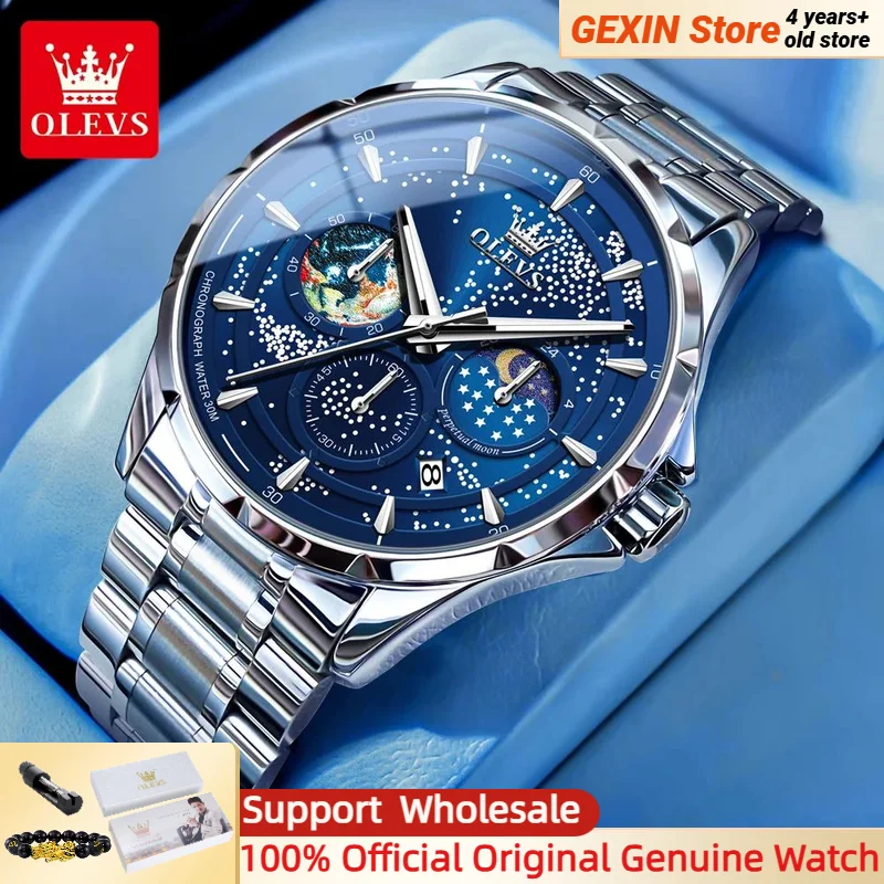 

OLEVS 5538, мужские кварцевые часы с ремешком из нержавеющей стали, звездное небо, дата, фаза Луны, светящиеся водонепроницаемые деловые кварцевые часы для мужчин