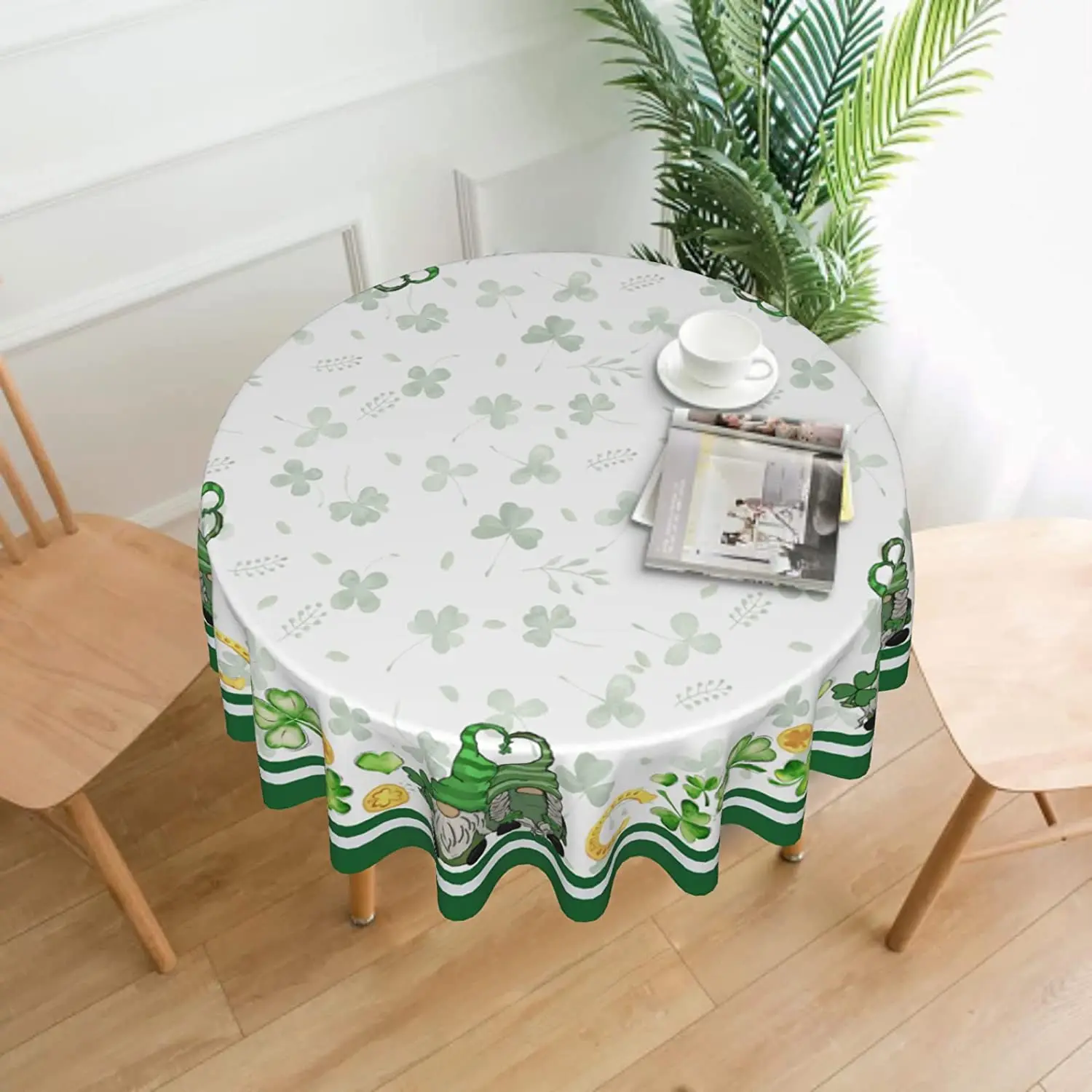 St Patricks Day Tablecloth Round 60 Inch Shamrock Tablecloth Polyester Washable Green Irish Clover Coins Gnome Decor Table Cover