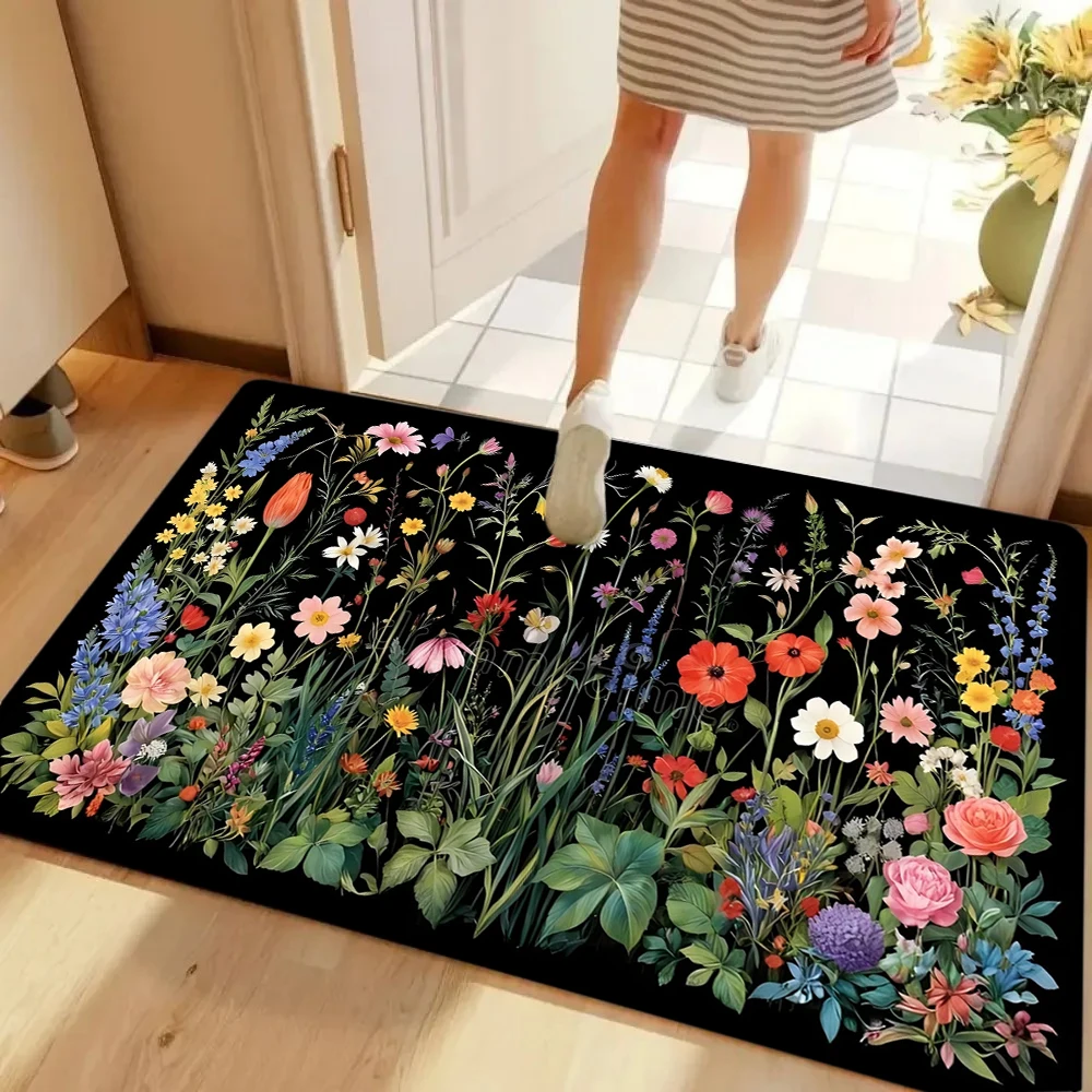 Lebendige Frühlings-Blumenmuster-Fußmatte, weiche Fußmatte für Eingangsbereich, Wohnzimmer, Schlafzimmer, Badezimmer, Küche und Wäscherei, Heimdekor-Matte, Teppich