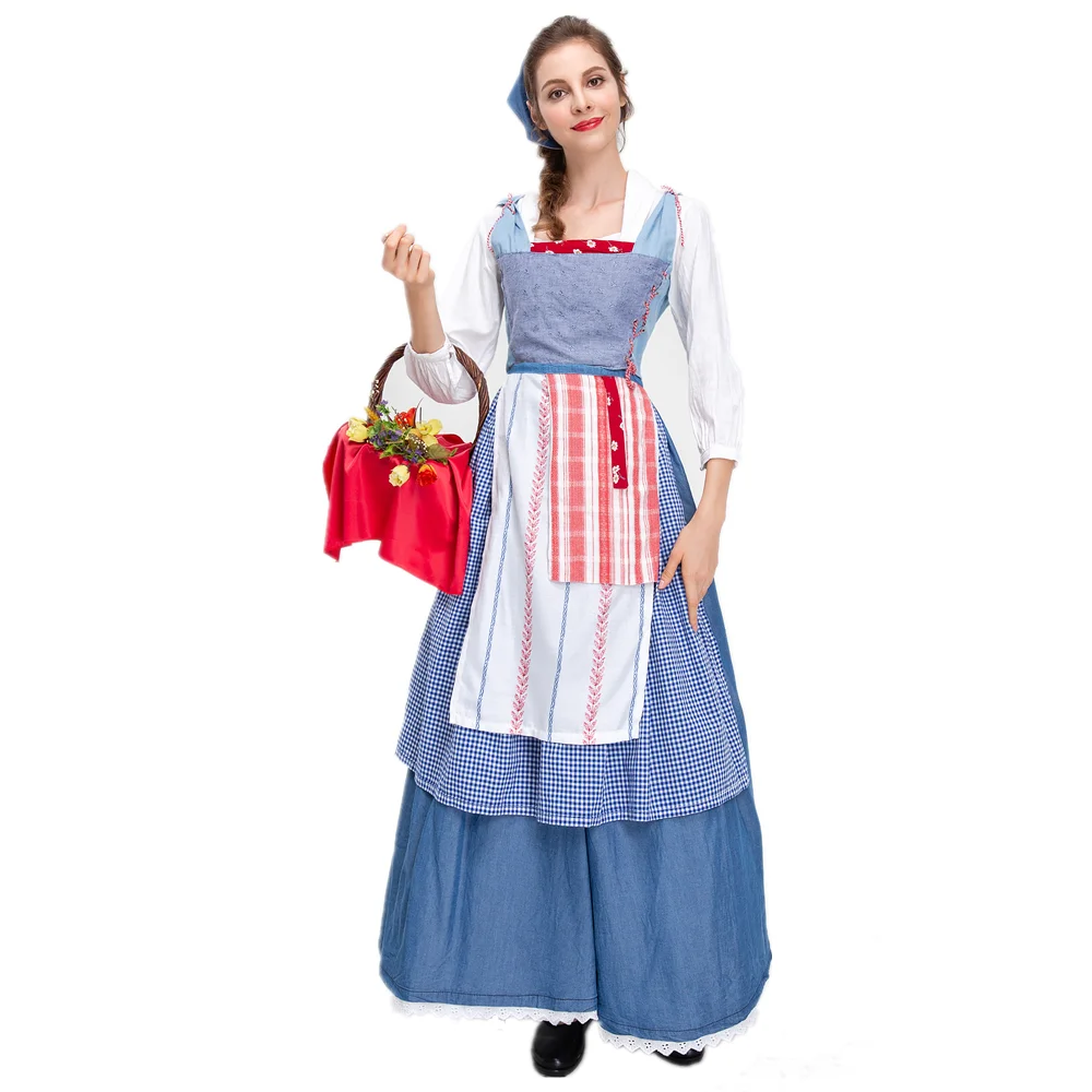 Aldult French Manor Maid Costume Retro Farm Maid Blue Long Dress Outfit Cosplay Women Bavarian Oktoberfest Dirndl Dress Costume