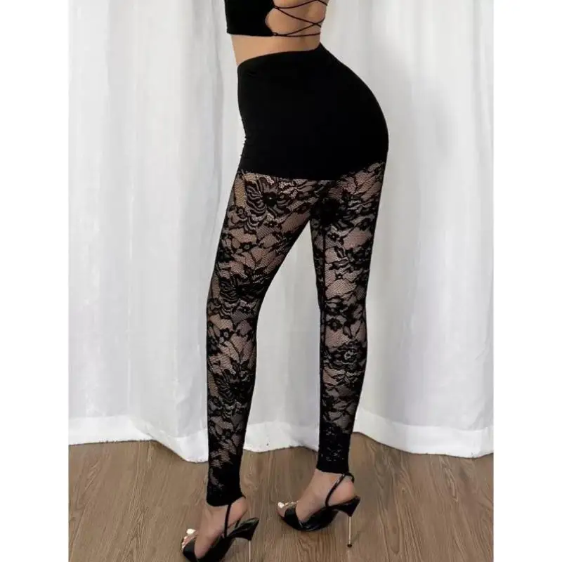 Damskie koronkowe spodnie z patchworkiem, dwuczęściowy komplet, nowy, transgraniczny design, wygodny krój, długość 7/8, styl vintage.
