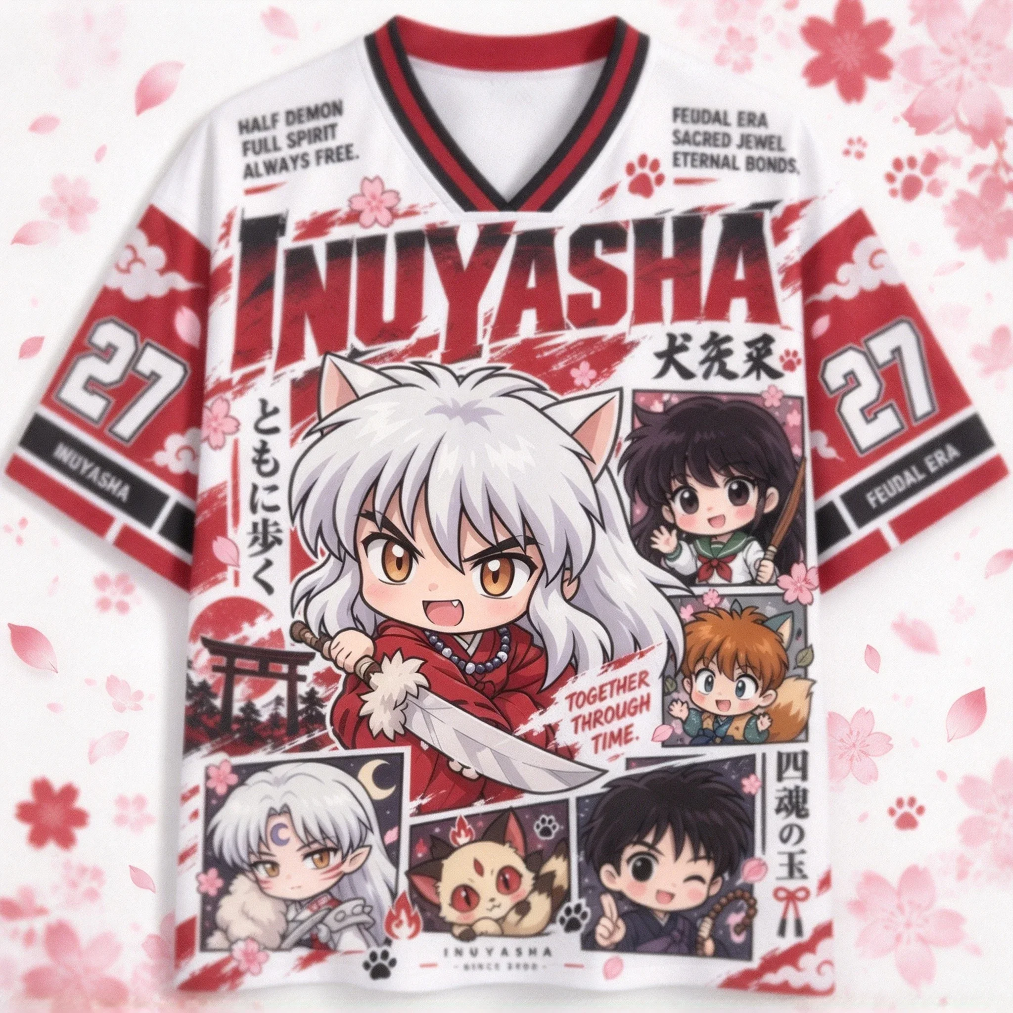 Trendy Anime Manga Inuyasha Character Print V Neck Shirt Unisex Football Jersey Fashion Tee Daily Casual Fan Gathering Outfit