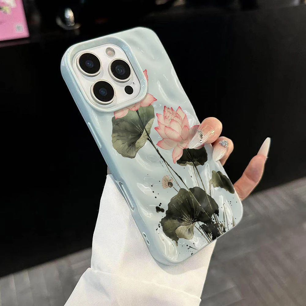 Koreanische Frühlingslotus-Druck-Handyhülle für iPhone 17 16 15 14 13 12 11 Pro Max 14 Plus 17Air Faltenwellen-Soft-Silikonhülle – Detail 2