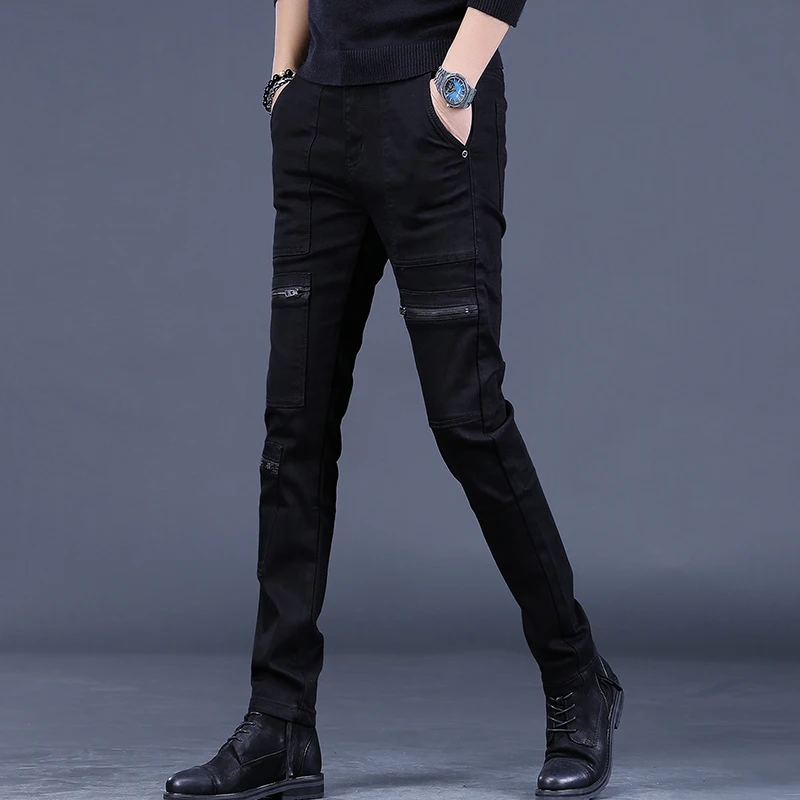 Autumn Zipper Black Jeans Men Multiple Pockets Slim Fit Straight Pants Streetwear Casual Stretch Denim Trousers