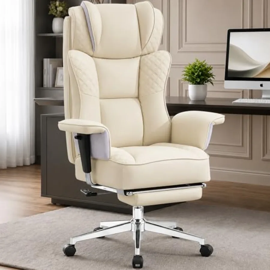 Office Desk Chair, High-Back Big and Tall Genuine Leather Chair with Footrest, Black, Ergonomic Support Adjustable Height