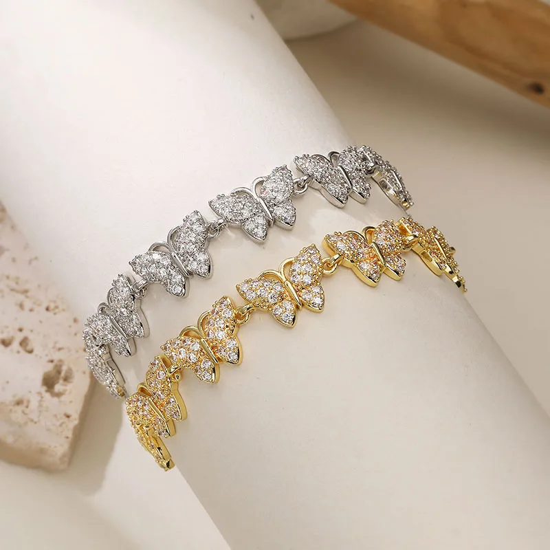 Butterfly Link Tennis 18K Gold Plated CZ  Bracelet, Continuous Butterfly Motif Sparkly Delicate Jewelry for Women