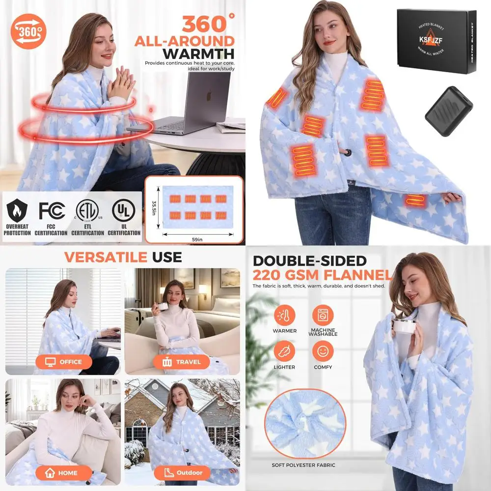 

Portable Cordless Heated Throw Blanket with 20000mAh Battery, 59 x 35.5, 3 Heating Levels, Blue
