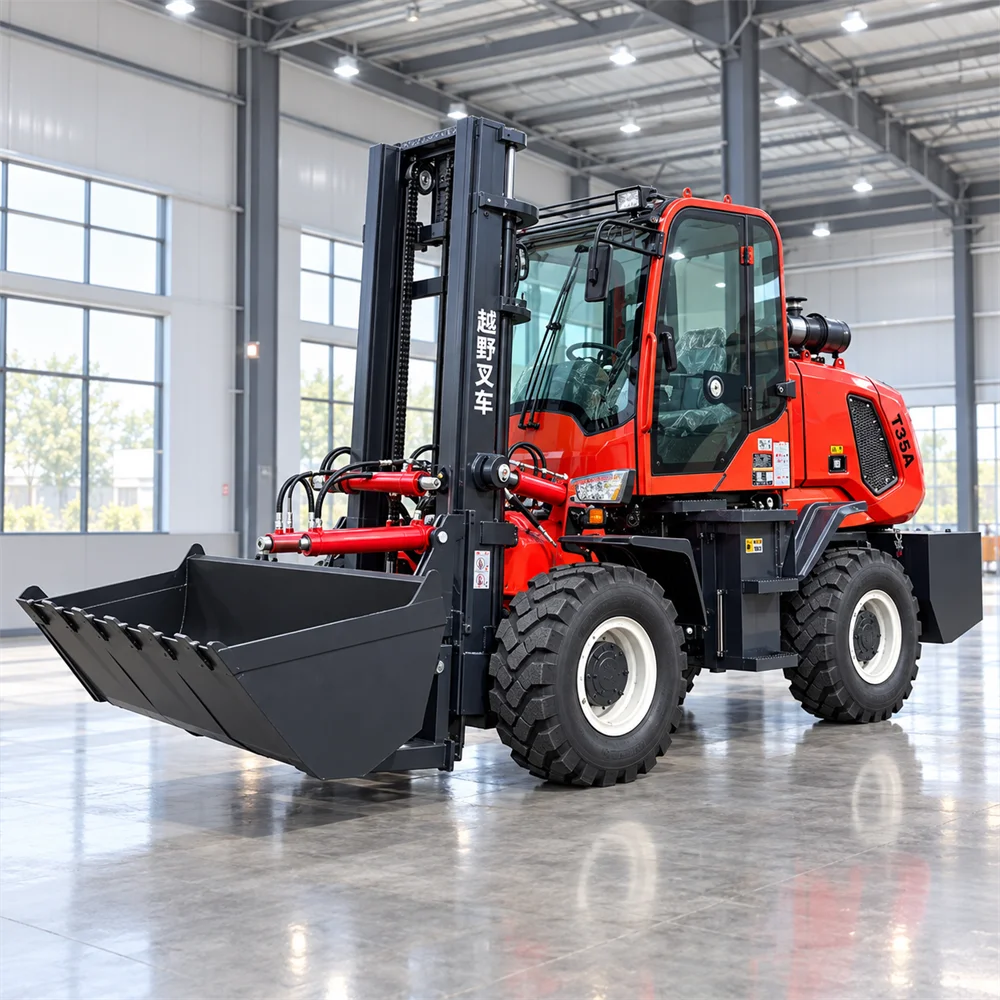Rough Terrain Forklift 3.5T Four Wheel Drive with Front Bucket for Stone Yard Timber Handling and Farm Supply Work