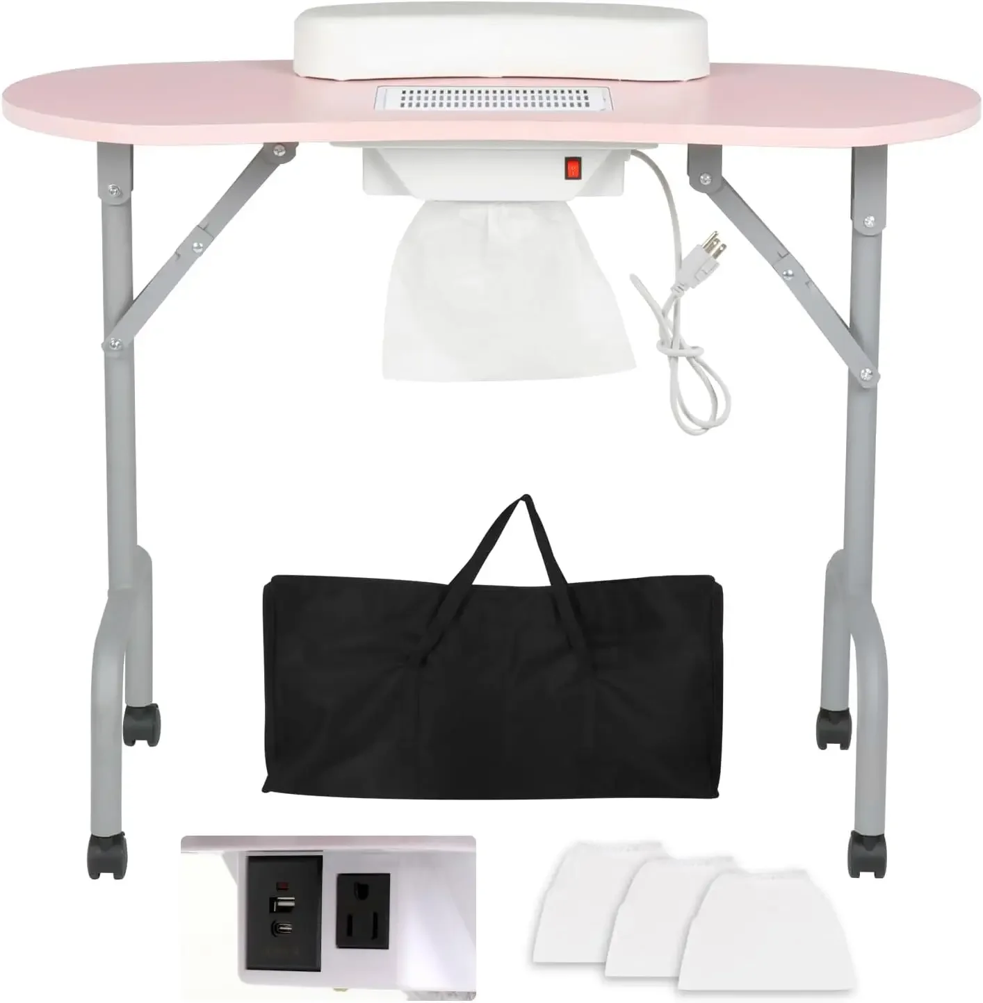 Manicure Table Foldable Nail Desk with Charging Station & Dust Collector Professional Nail Tech Table for Technician