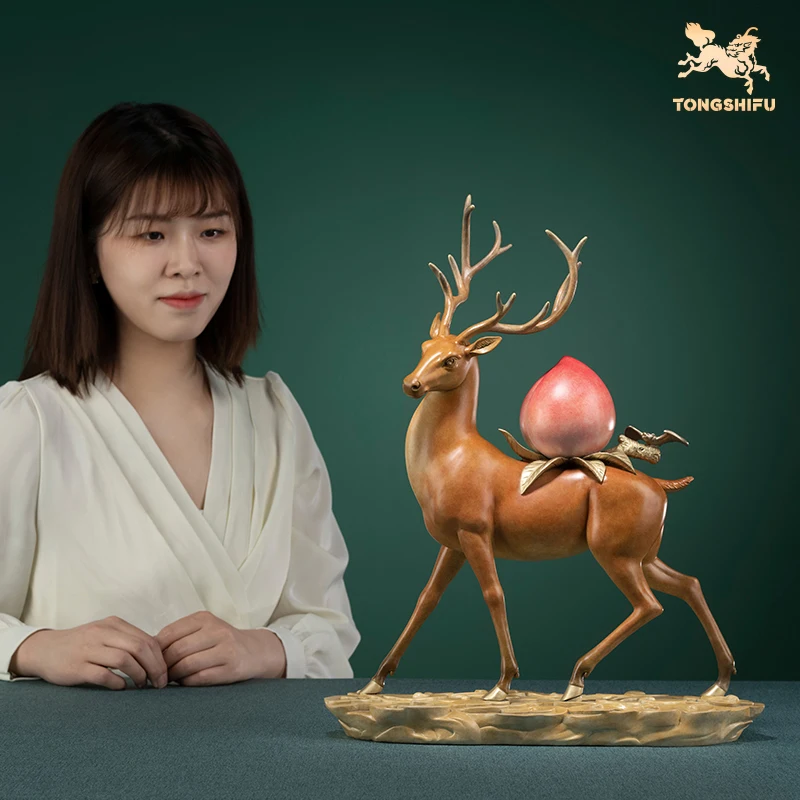 2023  Indonesia Advanced crafts Auspicious FU LU SHOU Longevity deer Peach COPPER statue Bless family healthy good luck mascot