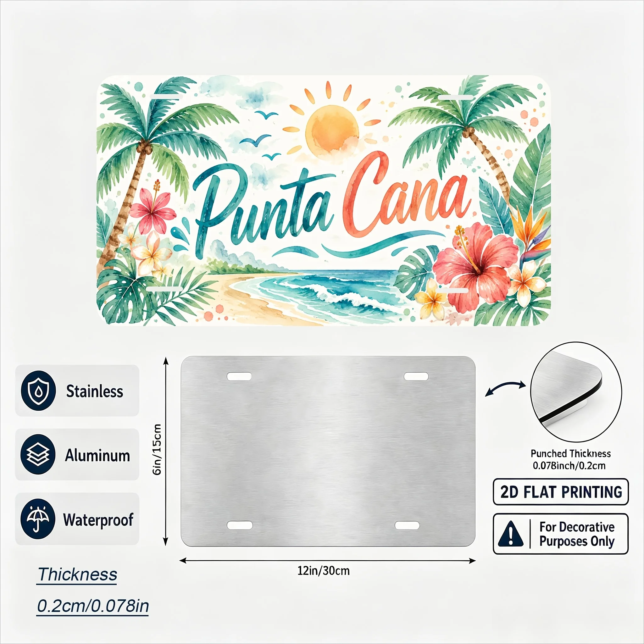 2D Flat, [2D Flat] 2D Flat Print, 1pc, Punta Cana Themed Vintage License Plate, Home Decor, Birthday Gift, Vintage Wall Art, Ind