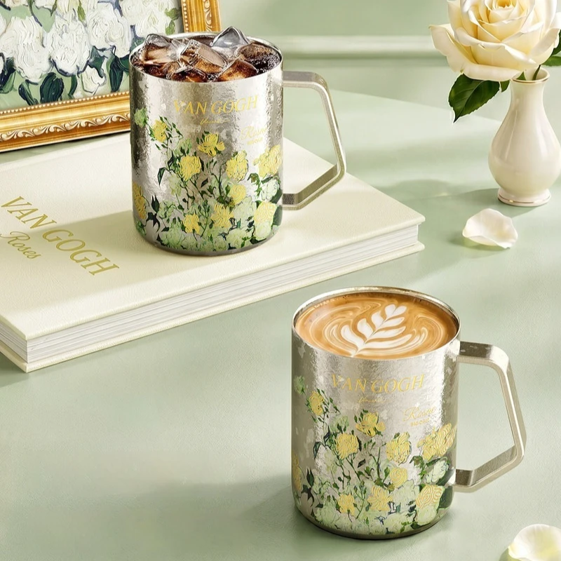 Bigcar Pure Titanium Mug Van Gogh Print Double Layer 430ml Insulated Coffee Cup Aesthetic Office Birthday Gift