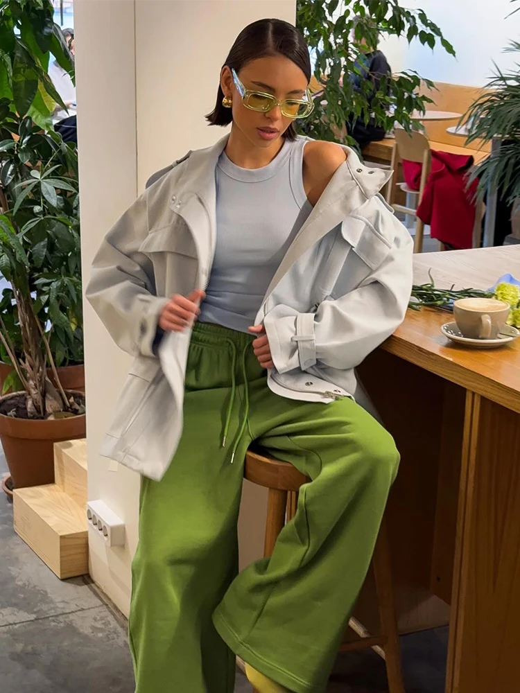 

Elastic Waist Blue Trench Coat Women Casual Full Sleeve Stand Neck Zipper Pocket Windbreaker Jacket Lady Autumn Daily Streetwear