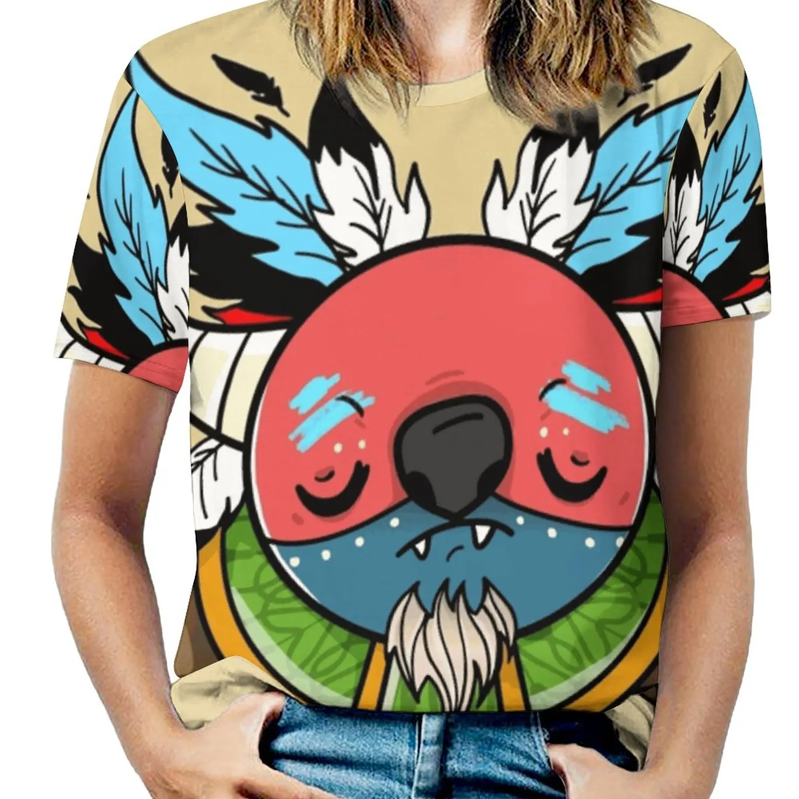 Monster Shaman Woman'S T-Shirt Spring And Summer Printed T Shirts Crew Neck Pullover Top Monster Cute Shaman Tribal Indian Bear