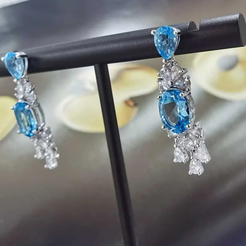 SACE GEMS 2022 tendencia pendientes de topacio azul suizo Plata de Ley 925 pendientes grandes para mujer joyería fina de compromiso de boda