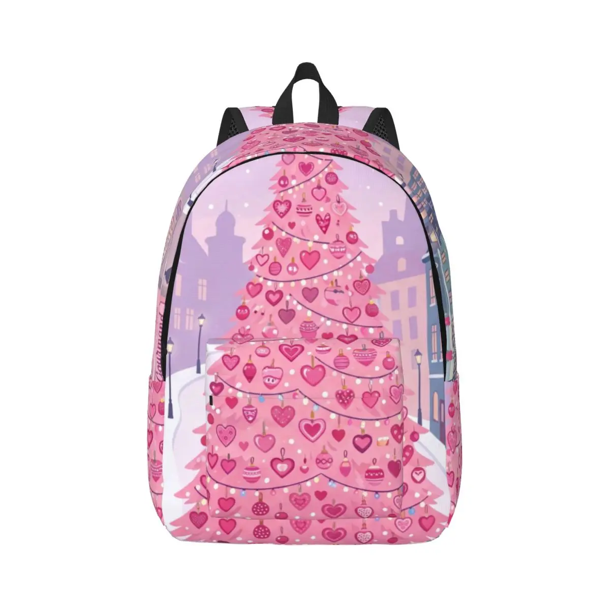 Santa Snow Student Backpack Center Pink Christmas Tree Whimsical Winter Dreamy Pink Blue Holiday Bookbag for Girls Boys Travel