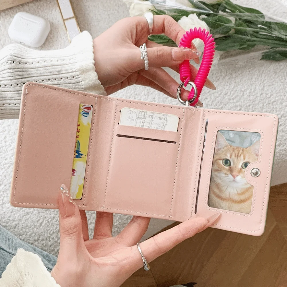 Multifunctional Dopamine Color Short Wallet Ultrathin Tri-fold Leather Card Holder Compact Spring Rope Cartoon Coin Purse