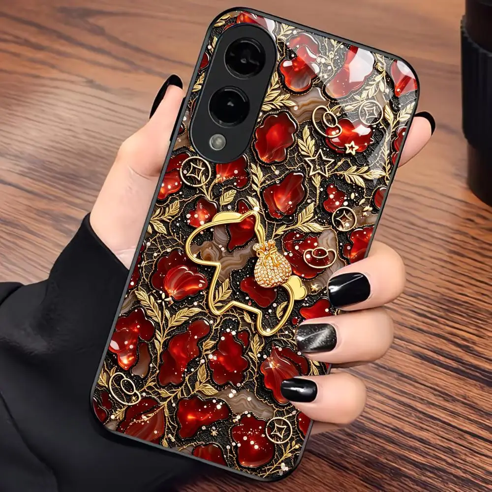 Red floral lucky horse Fashion Exquisite HD glass phone case for Samsung Galaxy S26 S25 S24 S23 S22 FE,Ultra,Plus Dropresistant