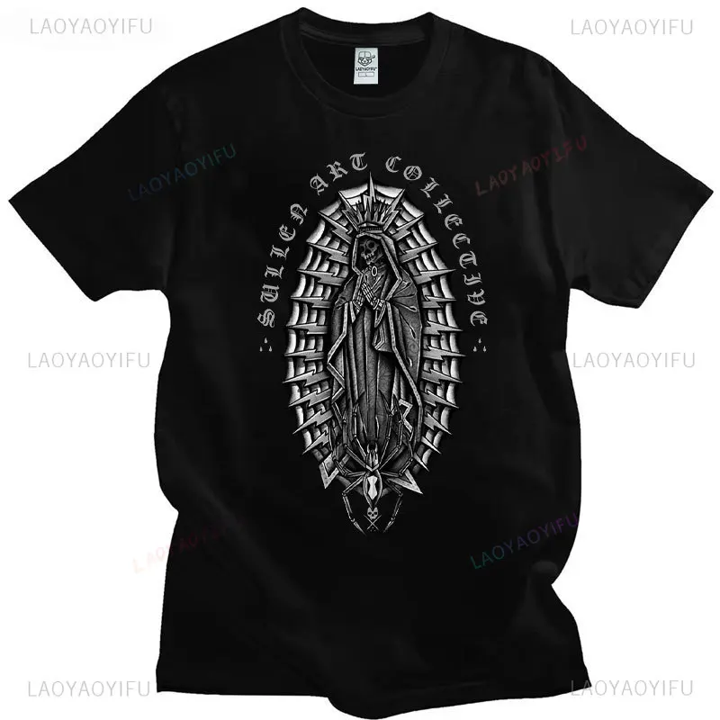 Classic Gothic Santa Muerte Tshirt Men Lady of Holy Death Shirt Mexican Skull Cotton Short Sleeve Streetwear Hip Hop Tee-Shirts