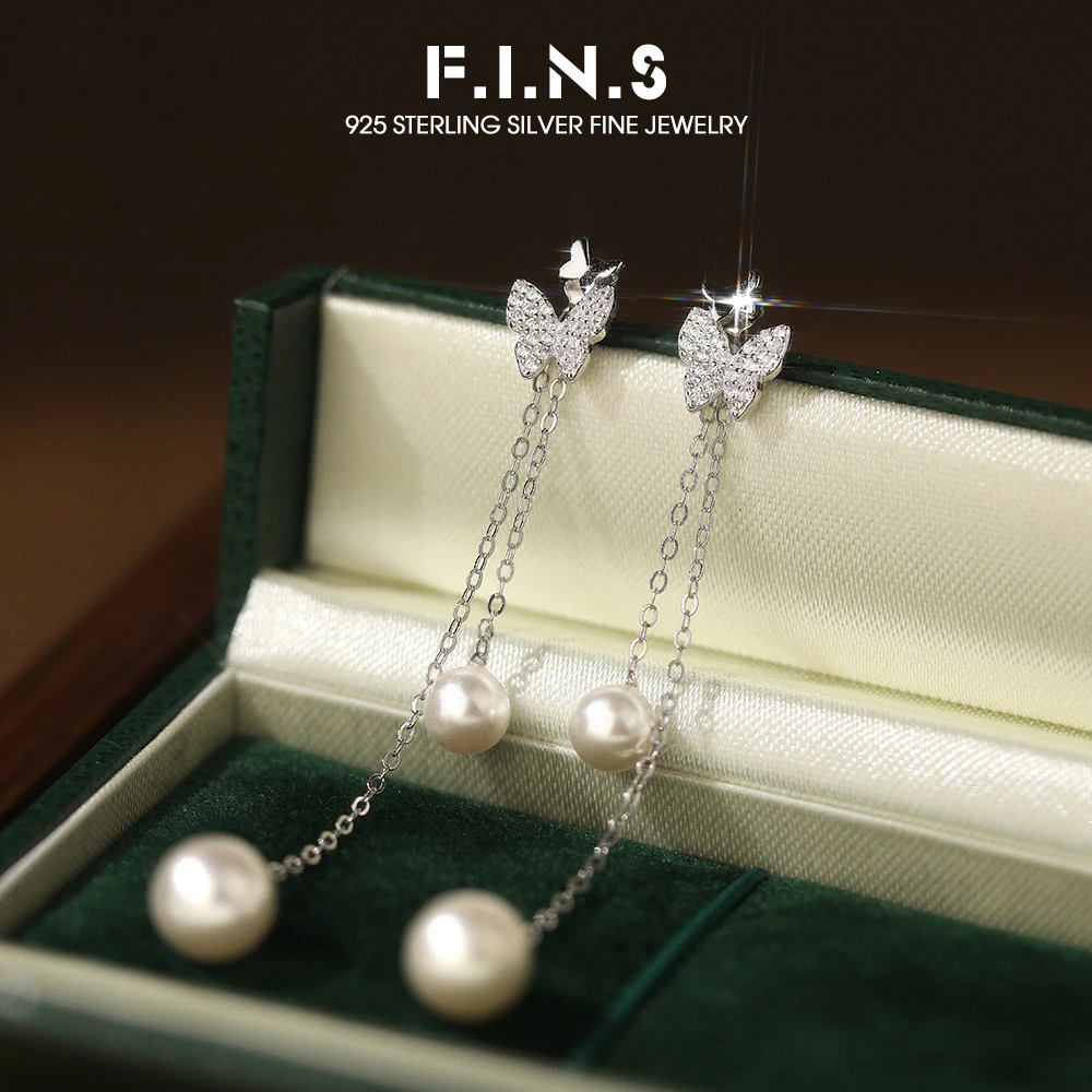 

F.I.N.S Original S925 Sterling Silver Long Zircon Tassel Butterfly Pearl Dangle Earrings Vintage Detachable Piercing Ear Drops