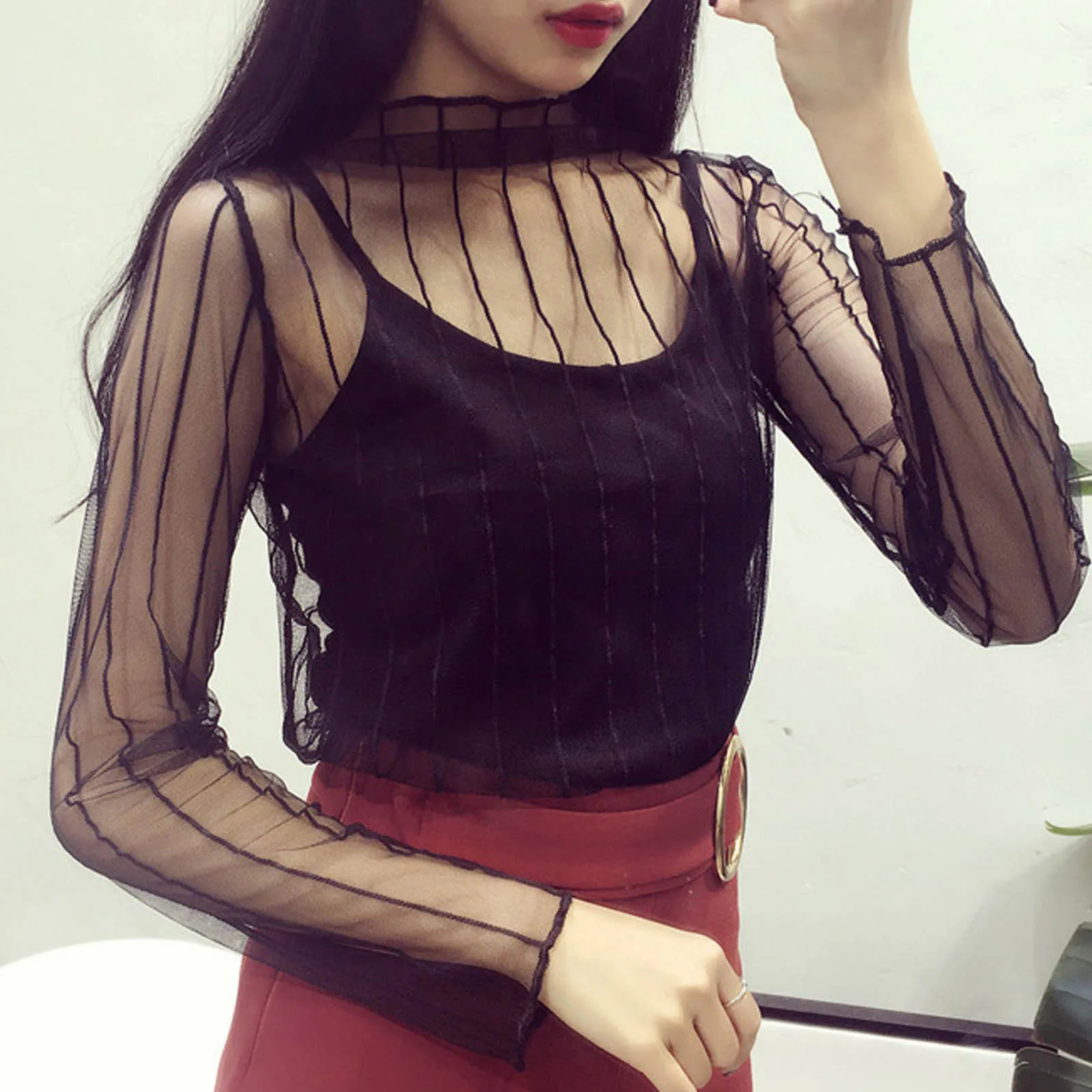 Women Sheer Mesh T Shirts Long Sleeve Tops Thin Halter-Neck Bottoming Shirts Sexy See Through T-Shirts Female Clothing Autumn