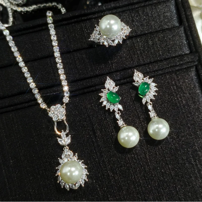 Natural Agate Chalcedony Shell Beads Comparable to Pearls Full Diamond Open Ring for Women Versatile Pendant Earrings Set