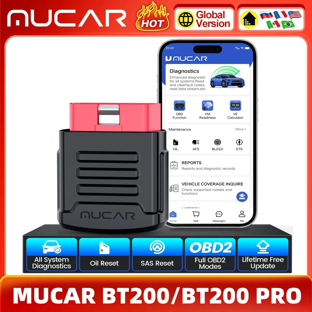 

MUCAR BT200 OBD2 Scanner 2024 Full System Diagnostic Tools Oil SAS Reset Wireless Car Error Code Reader VS Mucar BT200 Pro