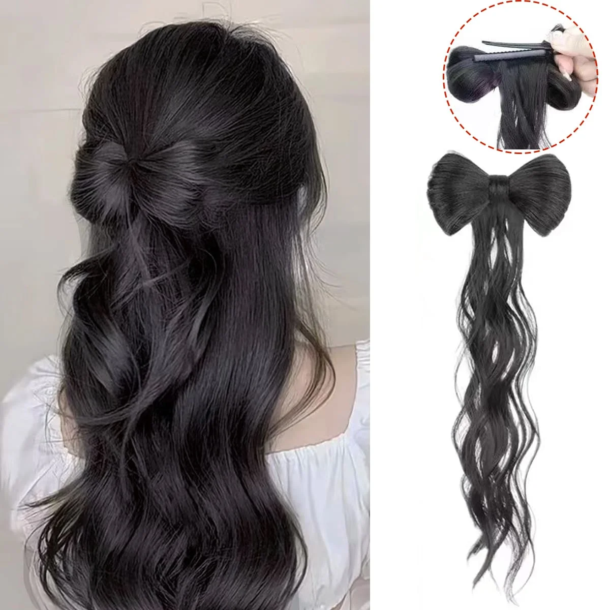 

Wavy Half Bow Clip In Ponytail Hair Extension Heat Resistant Synthetic Natural Wave With Bow Ponytail Wig