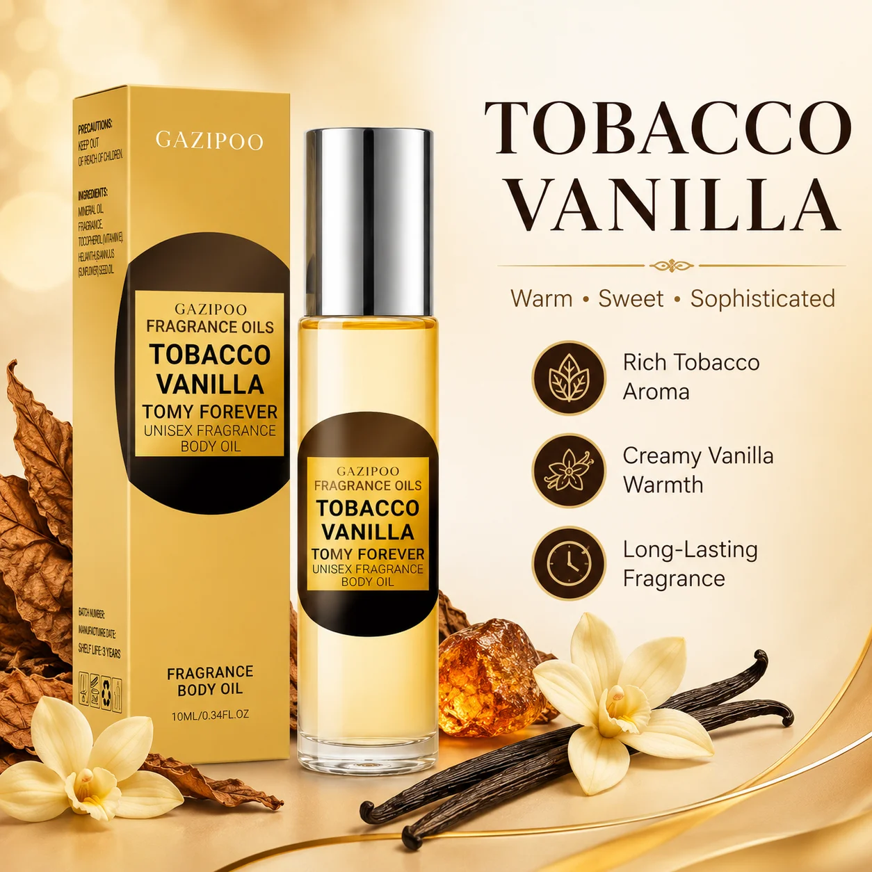 10ml Tobacco Vanilla Body Perfume Oil，Long‑Lasting Fragrance Body Oil - Spices Cocoa Bean Woody Dried Fruits for Men Women