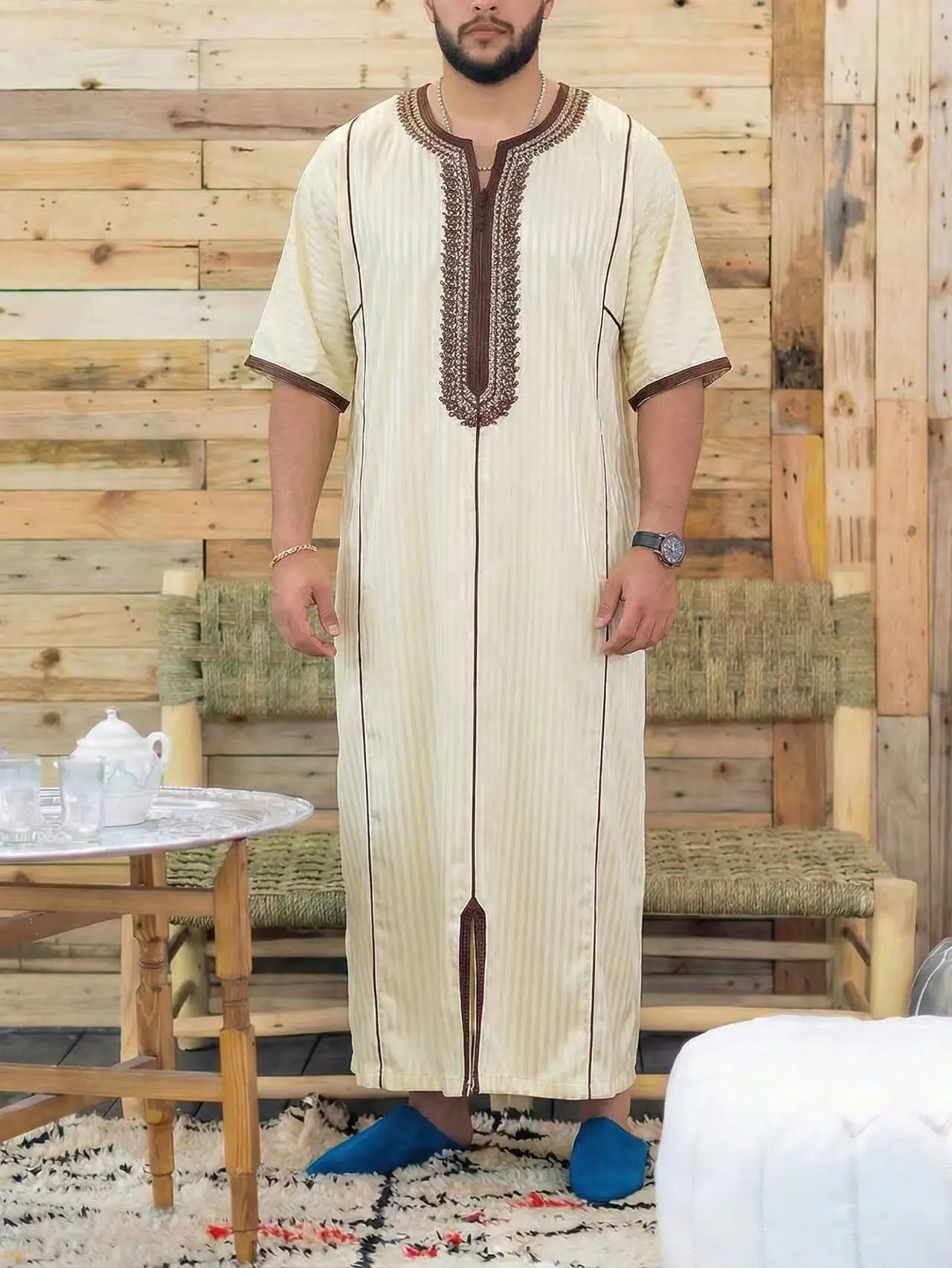 Muslim Men's Morocco Gandoura Thobe Loose Short Sleeves Gorgeous Embroidery Comfortable Islamic Men's Traditional Clothing Party