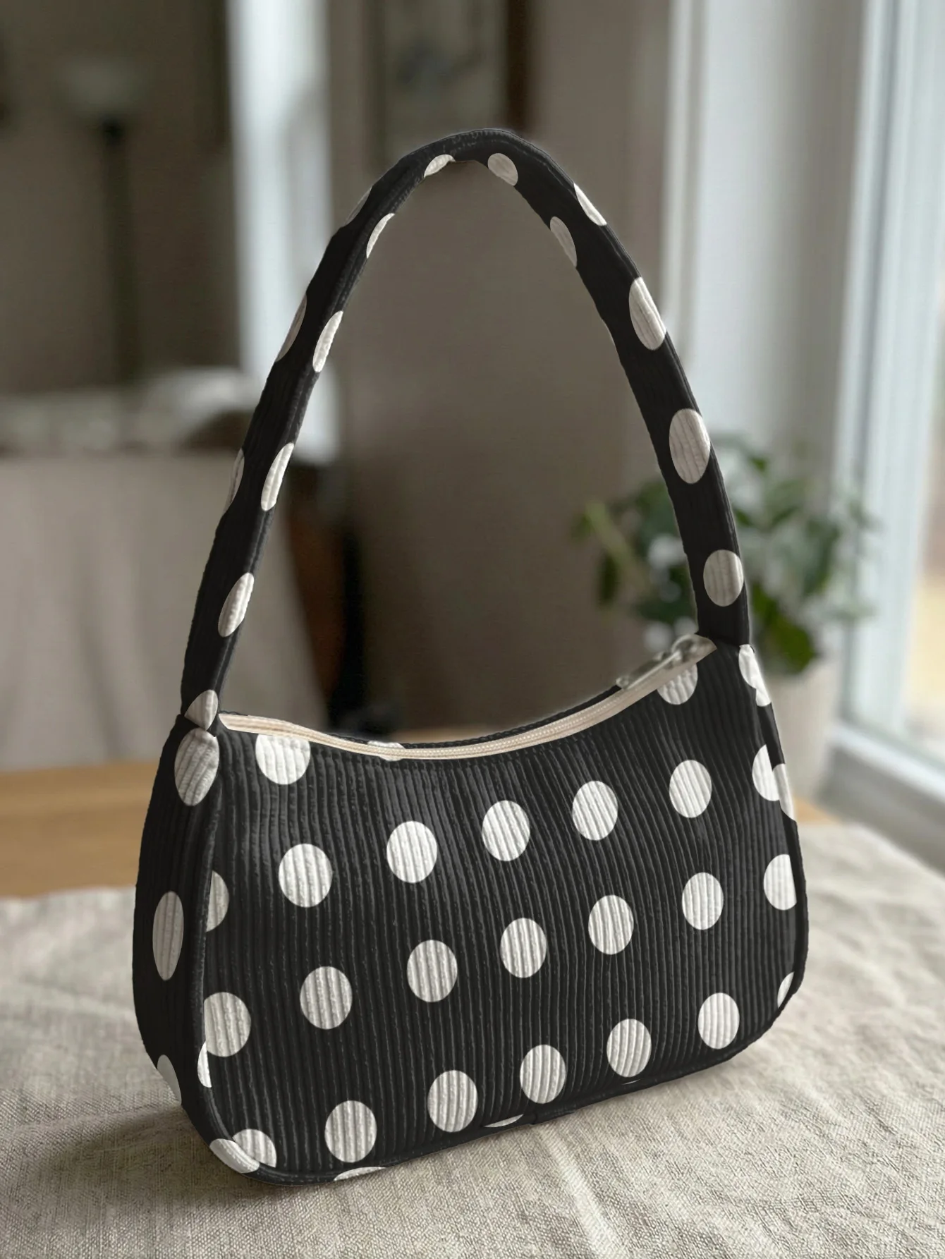 Trendy White Polka Dot Print Shoulder Bag, Black Corduroy Underarm Bag for Daily Casual Use