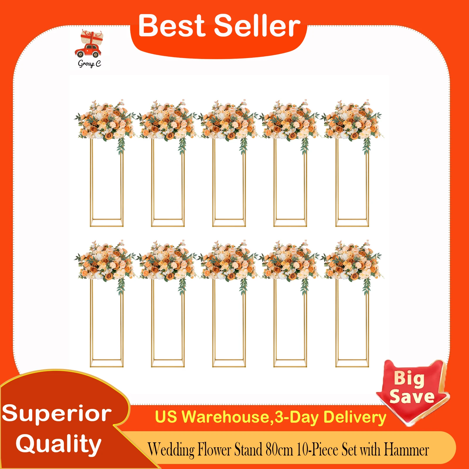 

Wedding Flower Stand, Square Flower Stand 80cm 10-Piece Set with Hammer for Floral Arrangement, Party, Event