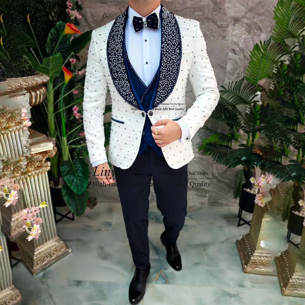 

Elegant Jacquard Beaded Men Suits 3 Pieces Sets Male Prom Party Blazers Groom Wedding Tuxedos Fashion Slim Fit Ropa Hombre