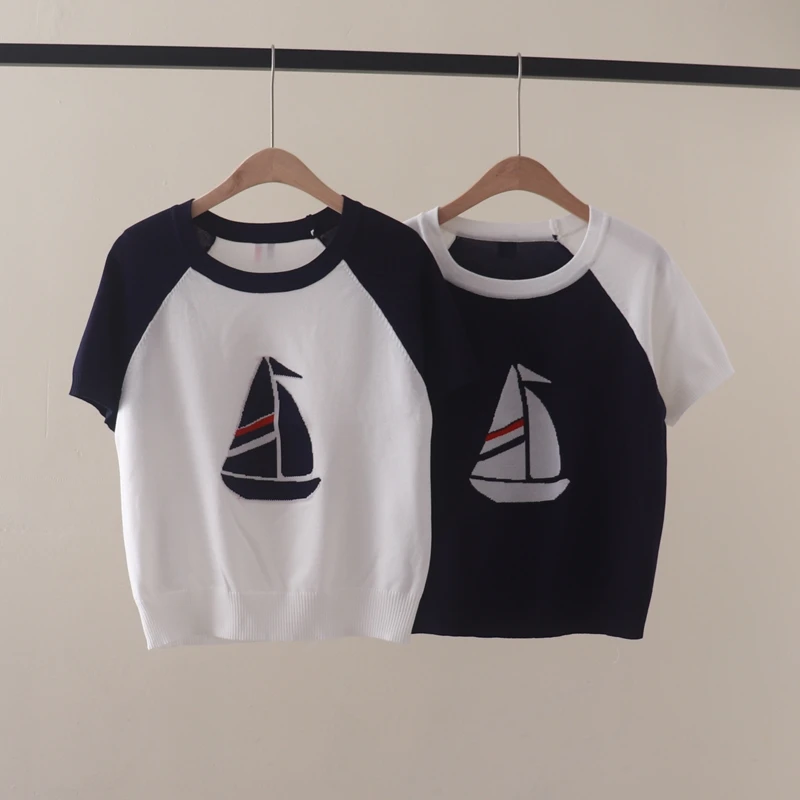 Summer new style college wind age matching color shoulder sleeve sailboat jacquard turtleneck knit t-shirt shirt slim