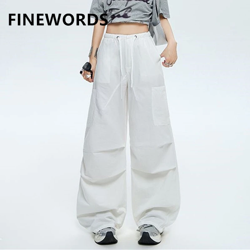 FINEWORDS Vintage Casual Wide Leg Pants Women Streetwear Easymatch Baggy White Pants Full Length High Waist Daily Loose Pants