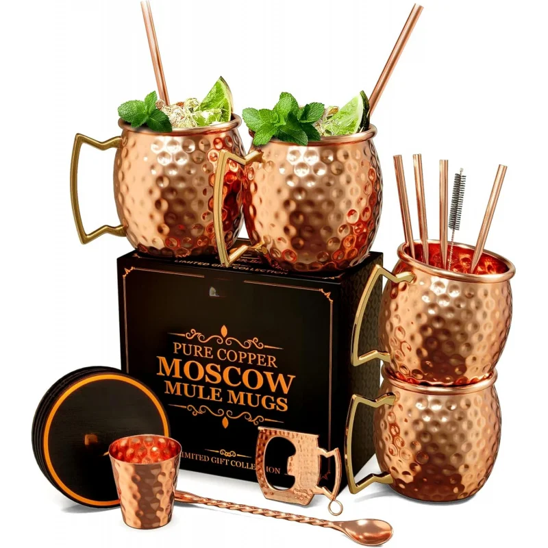 

4-Piece 16oz Handcrafted Moscow Mule Copper Mugs – 100% Pure Solid Copper, w/18 Accessories & Special Opener for Water