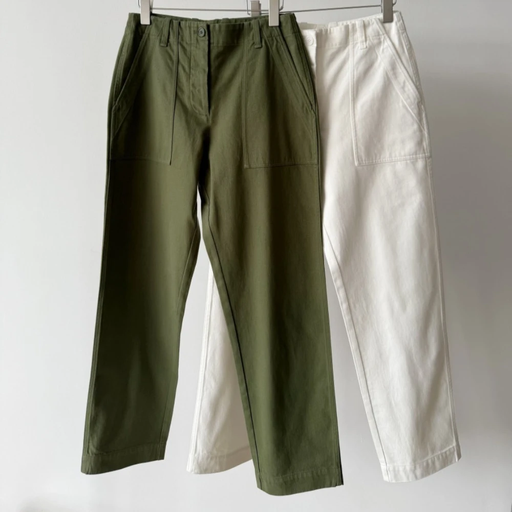 Minimalist Heavyweight Cotton Small Straight Work Style Khaki Green Casual Pants