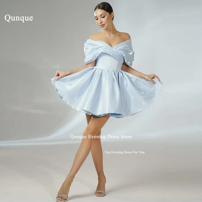 

Qunque Shiny Mini A-Line Homecoming Dresses Sky Blue Off Shoulder Pleated Birthday Party Dresses Gala Cocktail Dress Customized