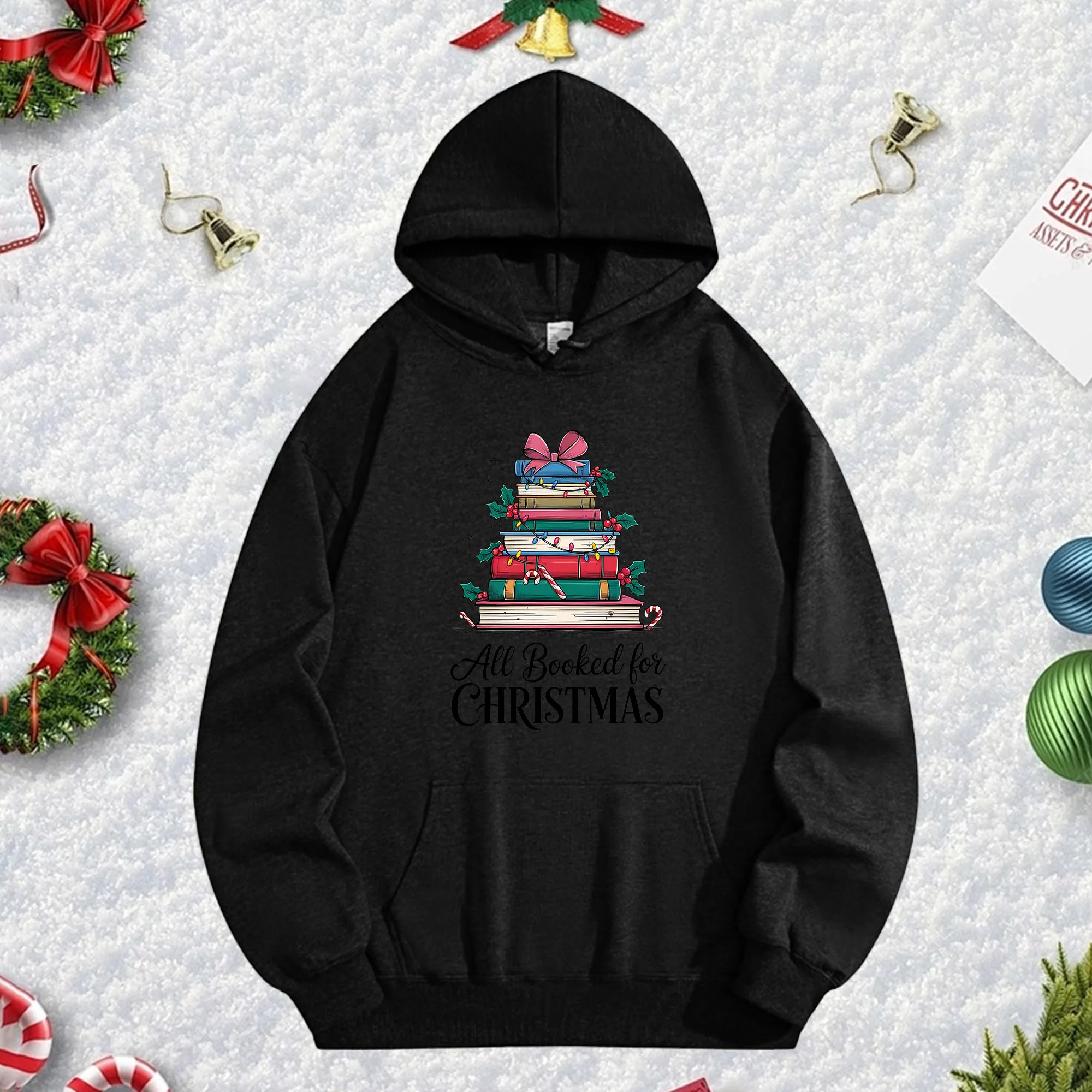 

BOOKED CHRISTMAS 270G Черная толстовка унисекс, уютный флисовый пуловер для зимы, рождественского и новогоднего праздничного наряда