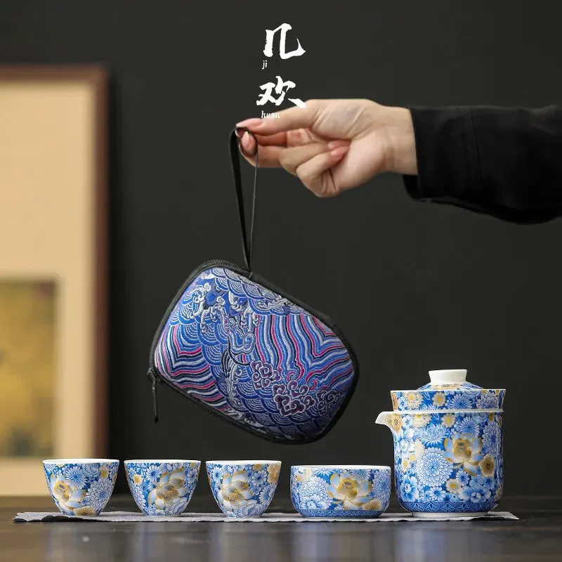 Hand-painted Gold-painted Quick Cup Portable Travel Tea Set One Pot Four Cups Set Outdoor Kung Fu Tea Tool Set Camping Teapot