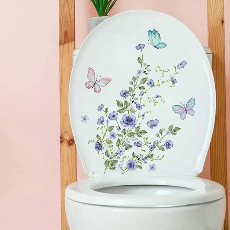 Green Plant Flower Butterfly Wall Sticker Bathroom Toilet Decor Living Room Cabinet Home Decoration Decals Beautify Self Adhesiv