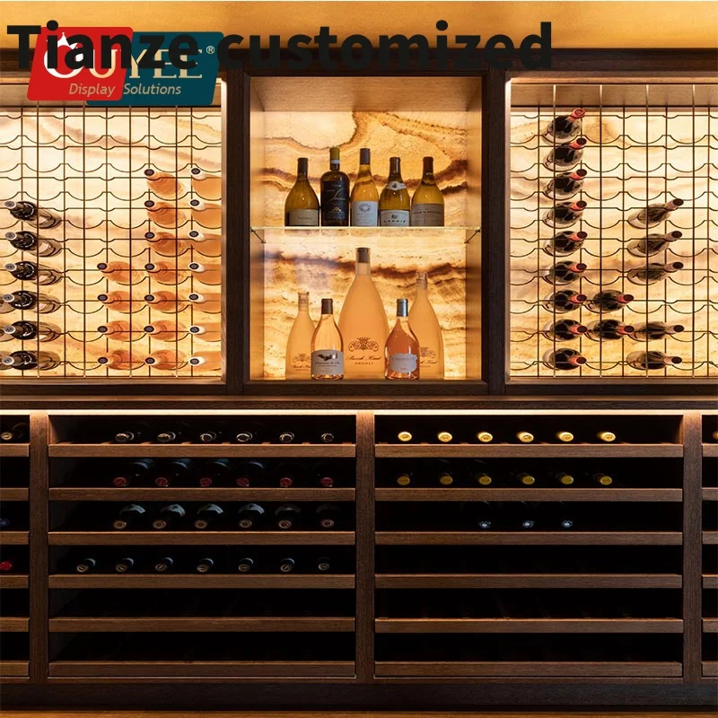 

Customized-Liquor Shop Interior Design Liquor Display Cabinet Showcase Timber Red Wine Rack Wooden Storage Cellar Display