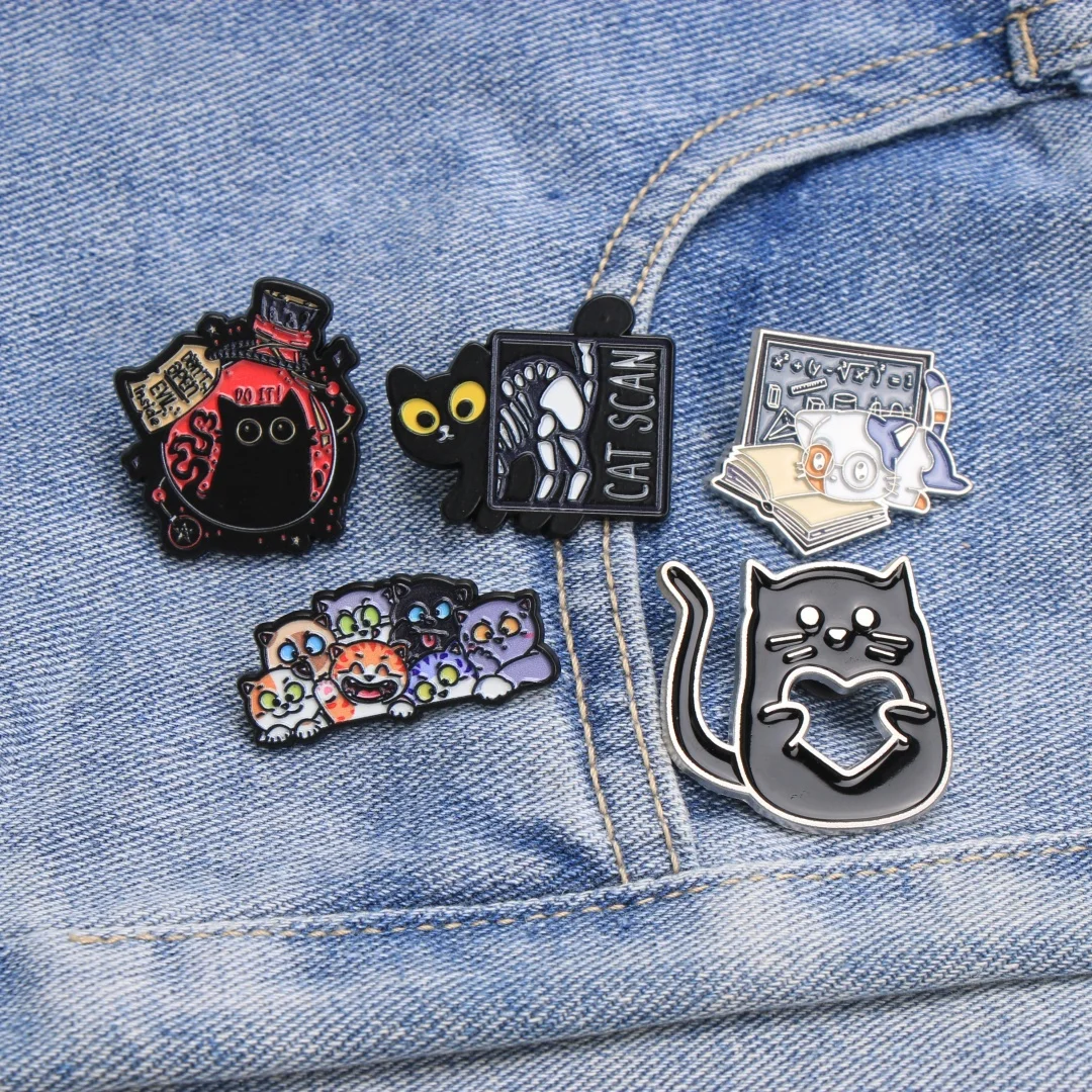 CAT SCAM Enamel Pin Set - Cartoon Punk Cat Lapel Badges with Slogan Letters for Backpack DIY Gift
