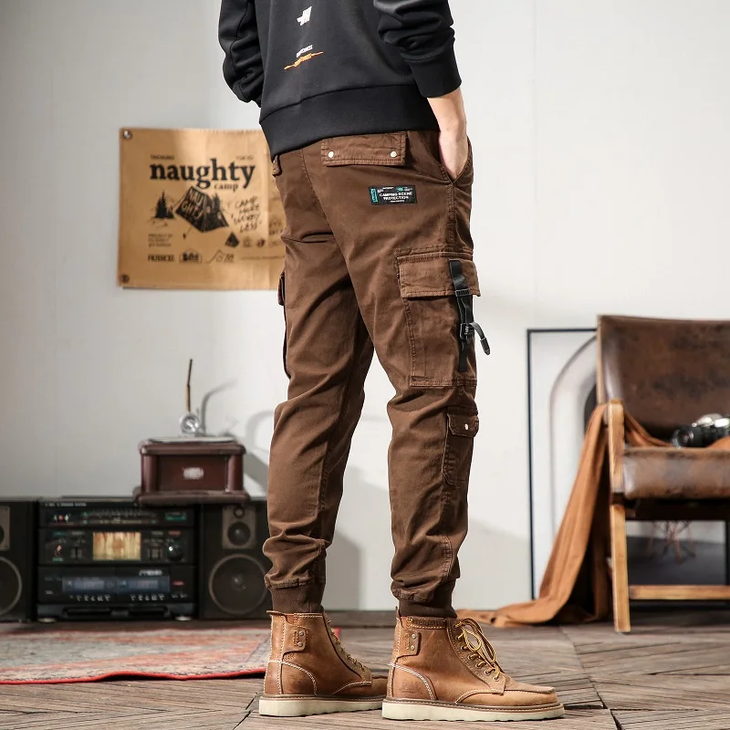 2024 New in High Quality Men Black Cargo Jogger Pants Cotton Stretch Slim Casual Golf Trouser Male Multi Pocket Brown Grey Khaki