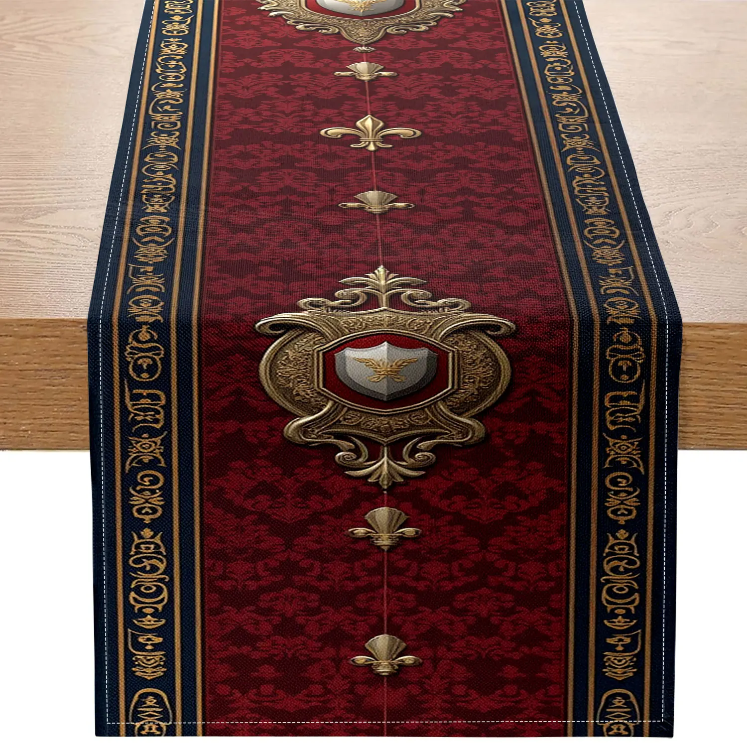 1 Piece of European-Style Noble Heraldic Theme Table Runner with Golden Heraldic and Iris Flower Patterns, Suitable for Palace-Style Restaurants and Vintage Parties