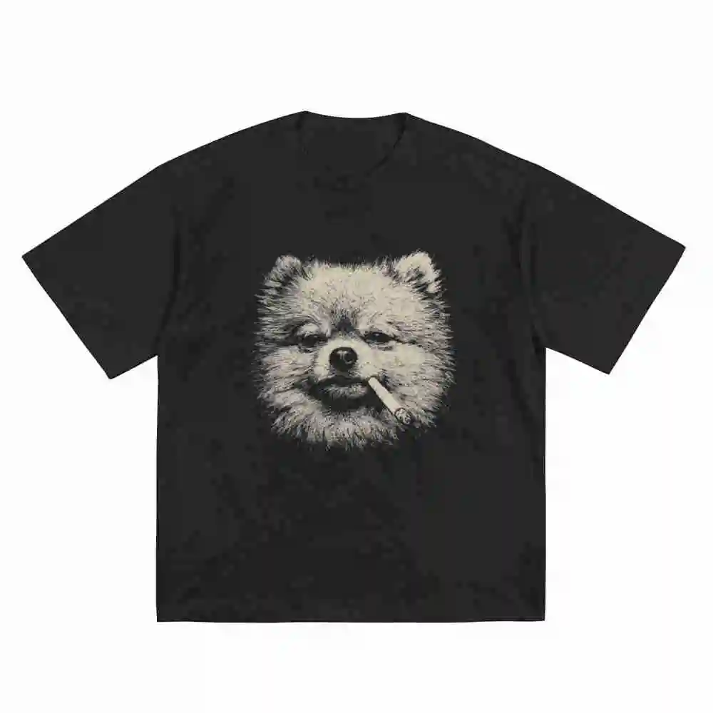 Pomeranian Smoking Dog Edgy Grunge Sketch Art Retro Short Sleeve Tee 100% Cotton T-Shirt