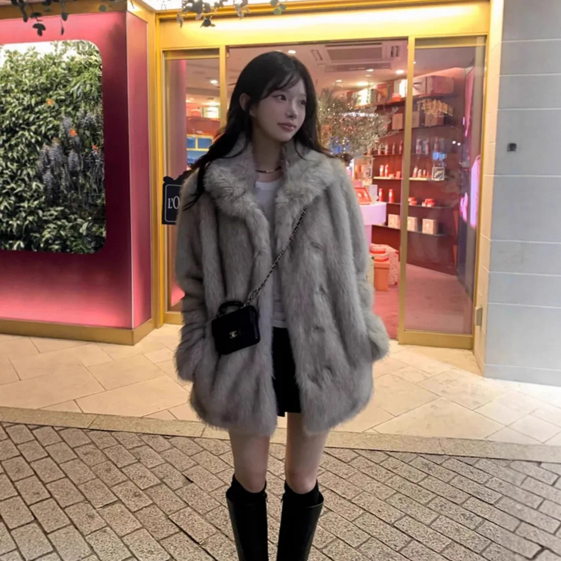 Damskie płaszcze ze sztucznego futra, grube ciepłe kurtki z wykładanym kołnierzem, kurtka w stylu Y2k streetwear, elegancka odzież wierzchnia do pracy, jesień zima 2025